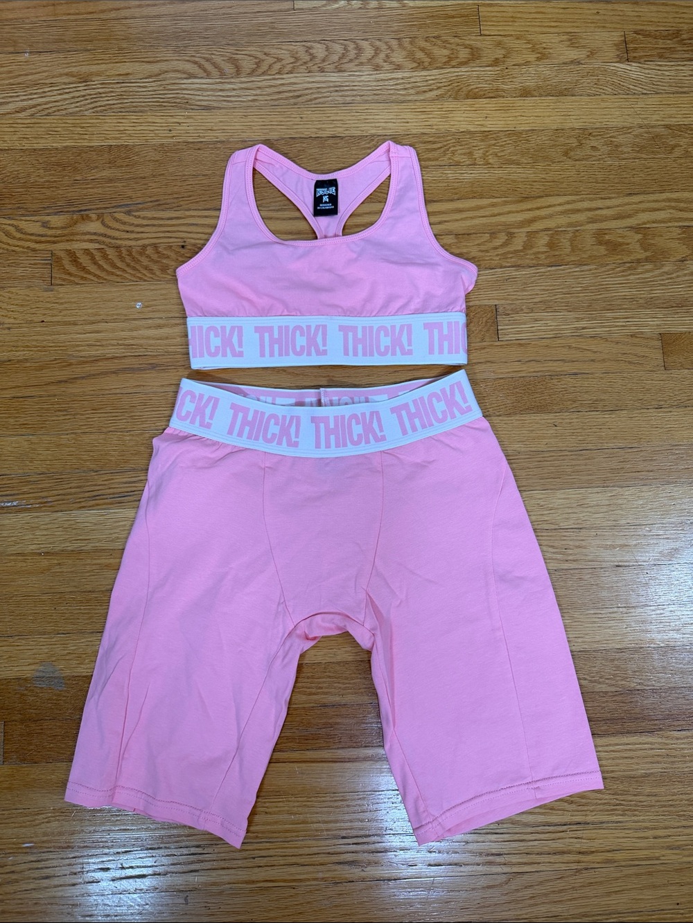 Kylie Pink Athletic Sports Bra & Biker Shorts Set - 'THICK!' Waistband